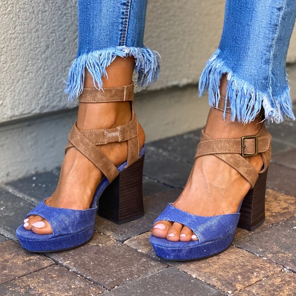 Anthropologie Shoes - Denim/Tan Color Block Chunky Heel Platform Sandal
